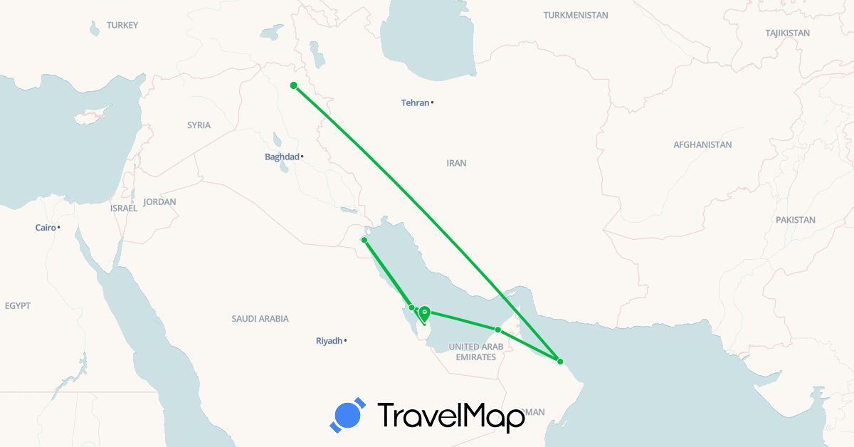 TravelMap itinerary: driving, bus in United Arab Emirates, Bahrain, Iraq, Kuwait, Oman, Qatar (Asia)
